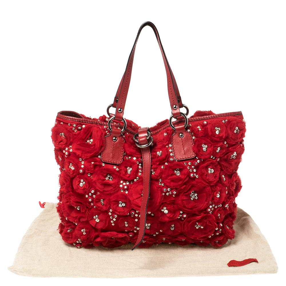 Valentino Red Satin and Leather Crystal Embellished Rosier Tote 2