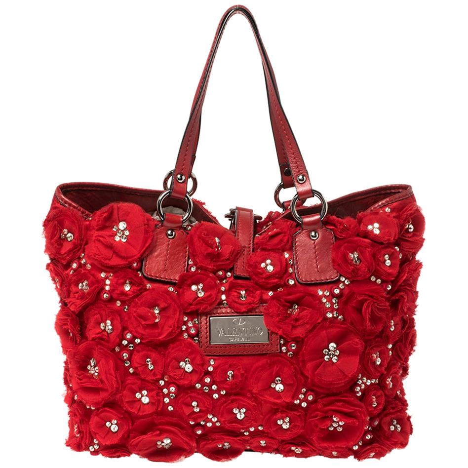 Valentino Red Satin and Leather Crystal Embellished Rosier Tote