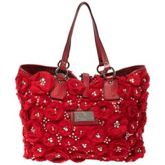 Valentino Red Satin and Leather Crystal Embellished Rosier Tote