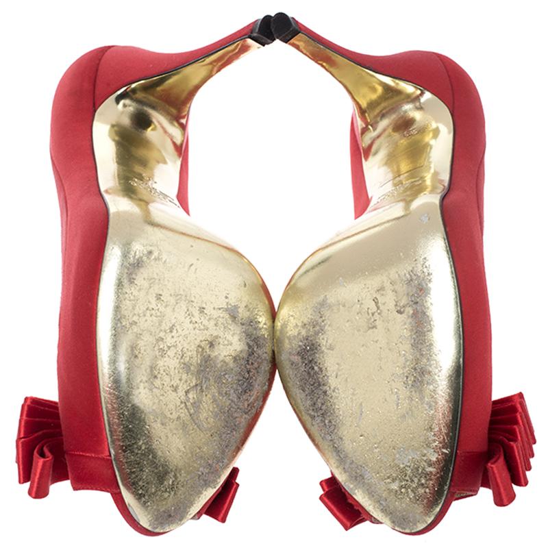 Women's Valentino Red Satin Bow Detail Peep Toe Platform Pumps Size 40