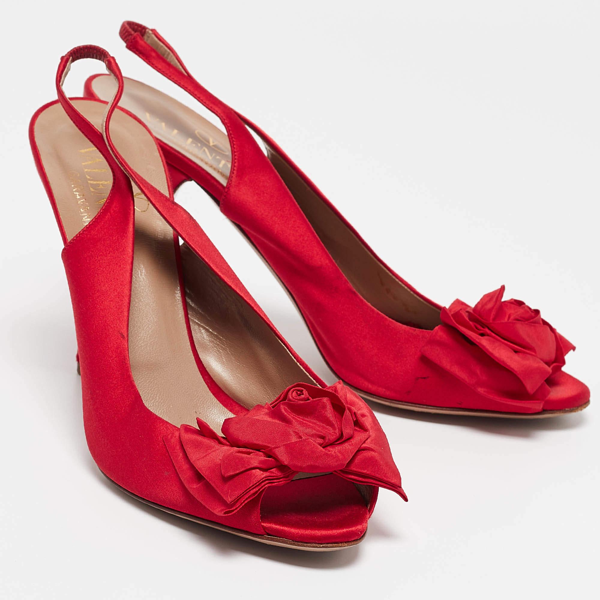 Women's Valentino Red Satin Bow Peep Toe Slingback Pumps Size 40
