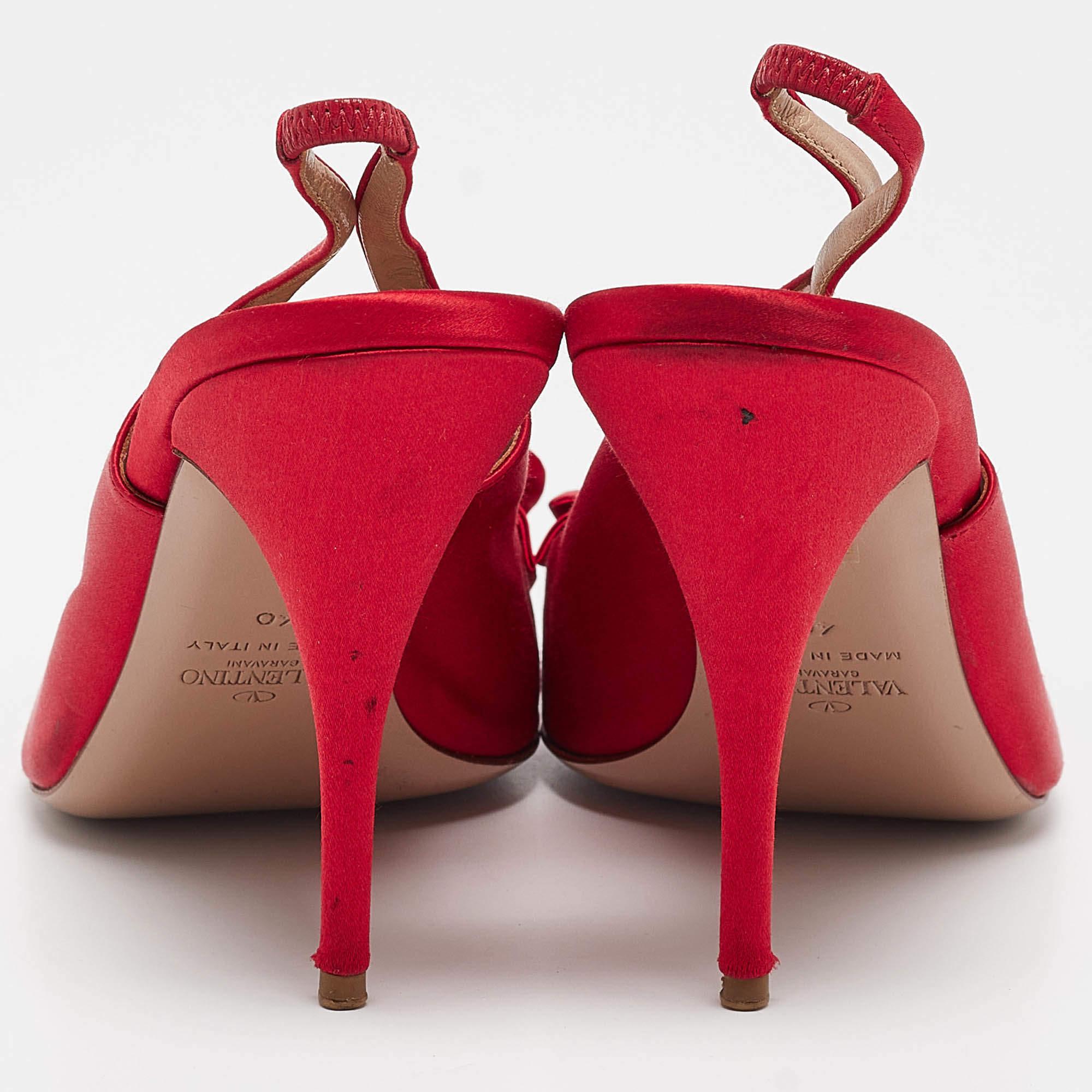 Valentino Red Satin Bow Peep Toe Slingback Pumps Size 40 1