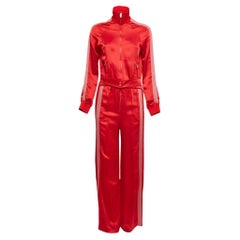 Valentino Red Satin Crepe Pleated Stripe Detail Jumpsuit S
