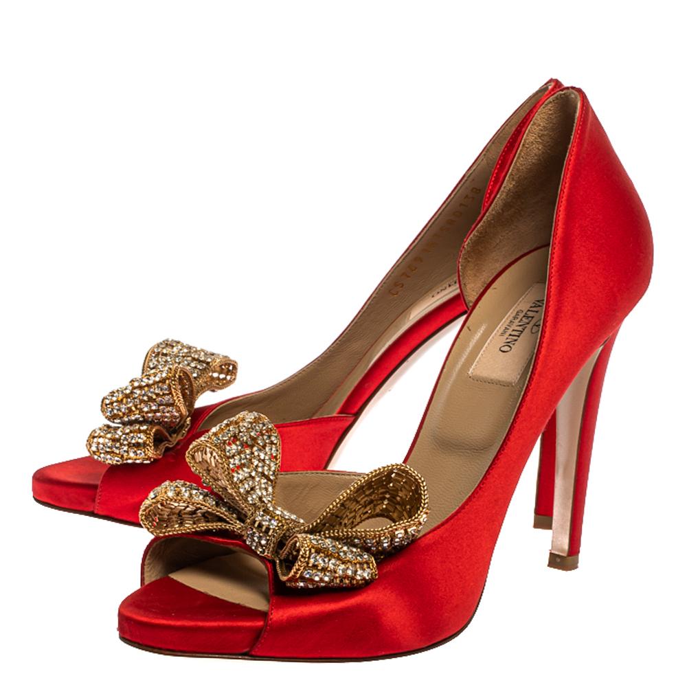 Women's Valentino Red Satin Crystal Embellished Bow Dorsay Peep Toe Pumps Size 38