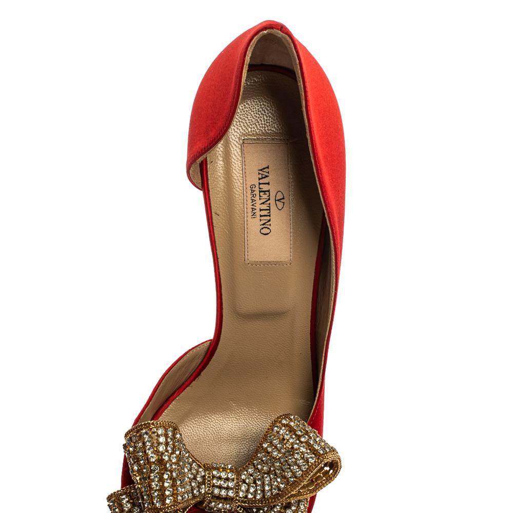 Valentino Red Satin Crystal Embellished Bow Dorsay Peep Toe Pumps Size 38 1