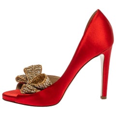 Valentino Red Satin Crystal Embellished Bow Dorsay Peep Toe Pumps Size 38