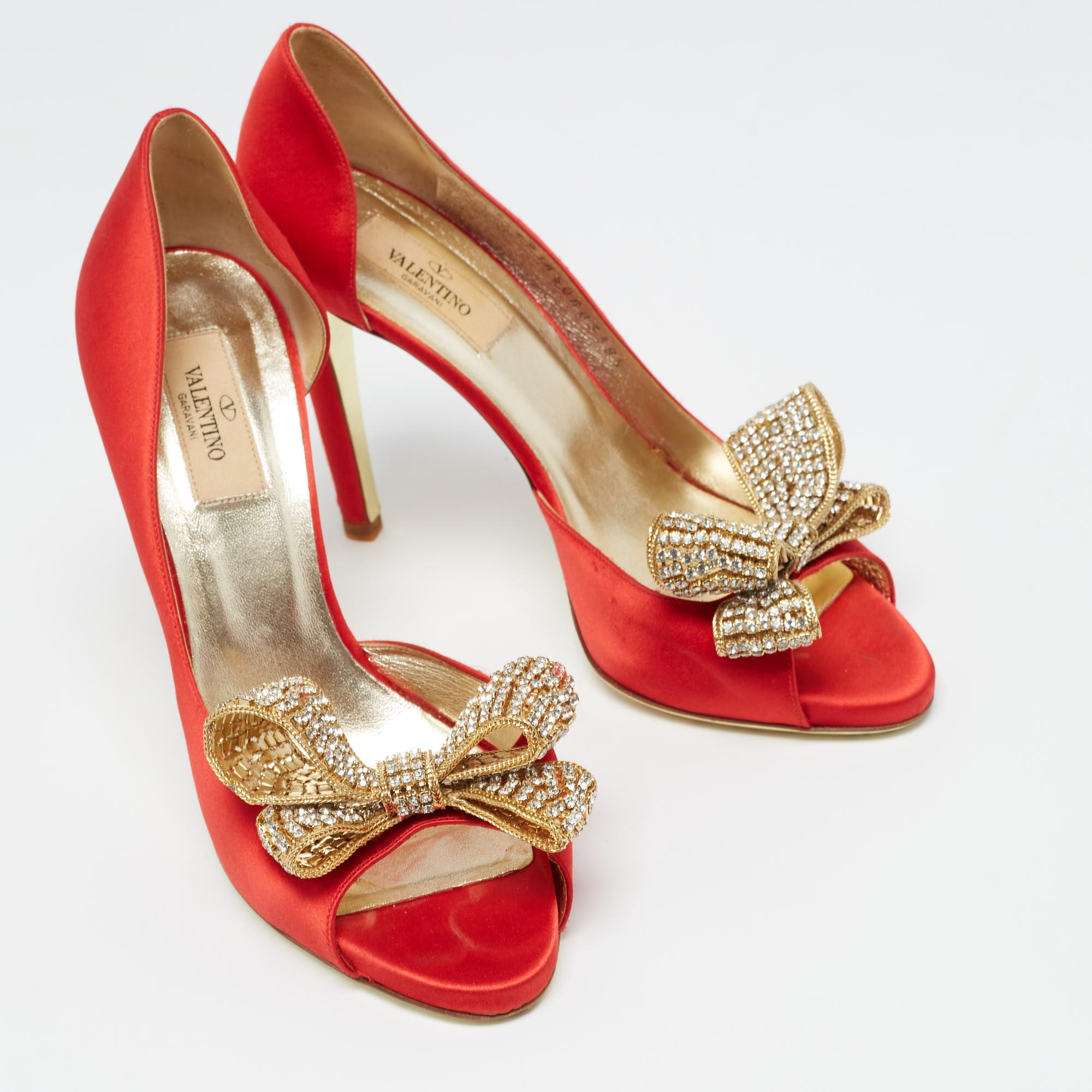 Women's Valentino Red Satin Crystal Embellished Bow D'orsay Pumps Size 38.5