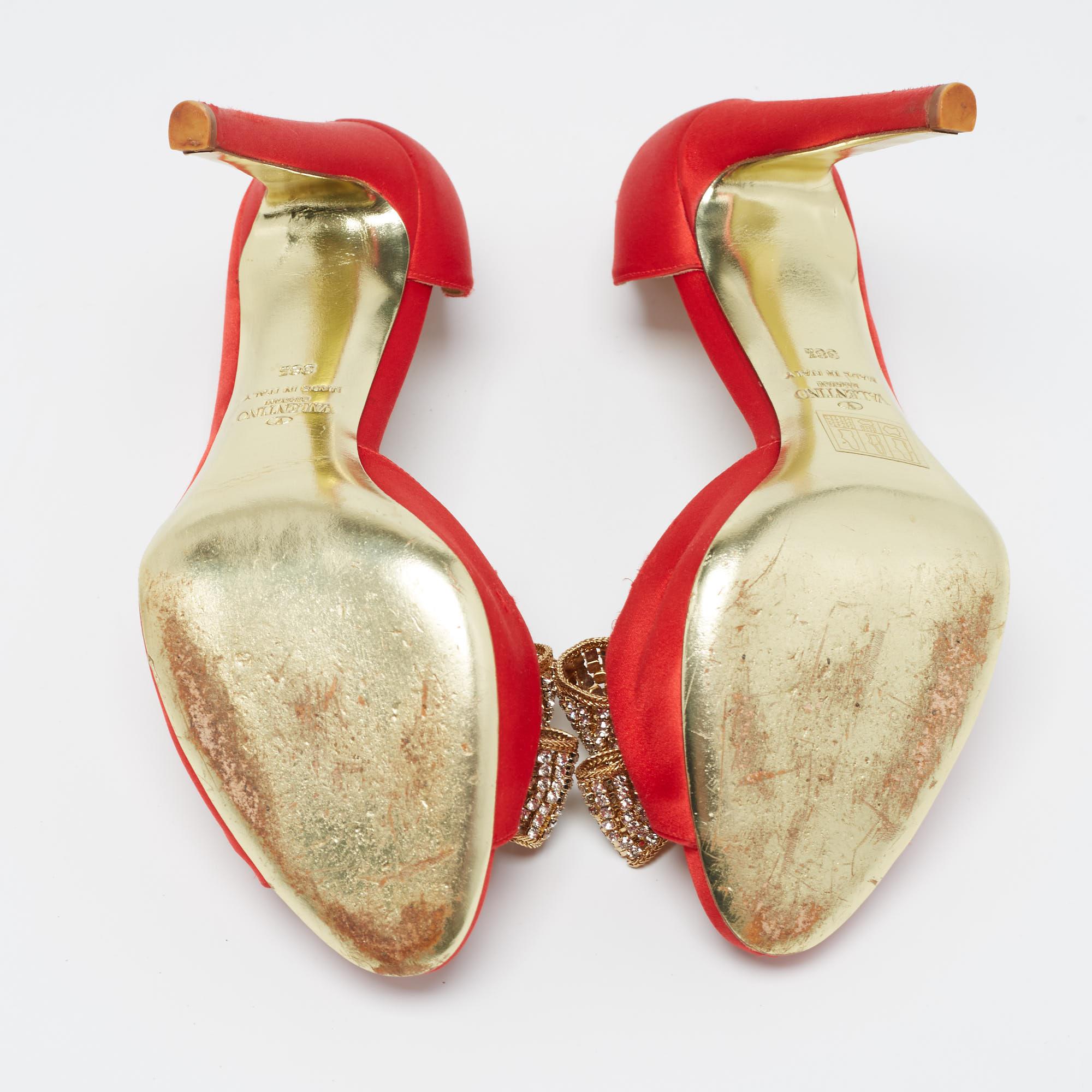 Valentino Red Satin Crystal Embellished Bow D'orsay Pumps Size 38.5 2
