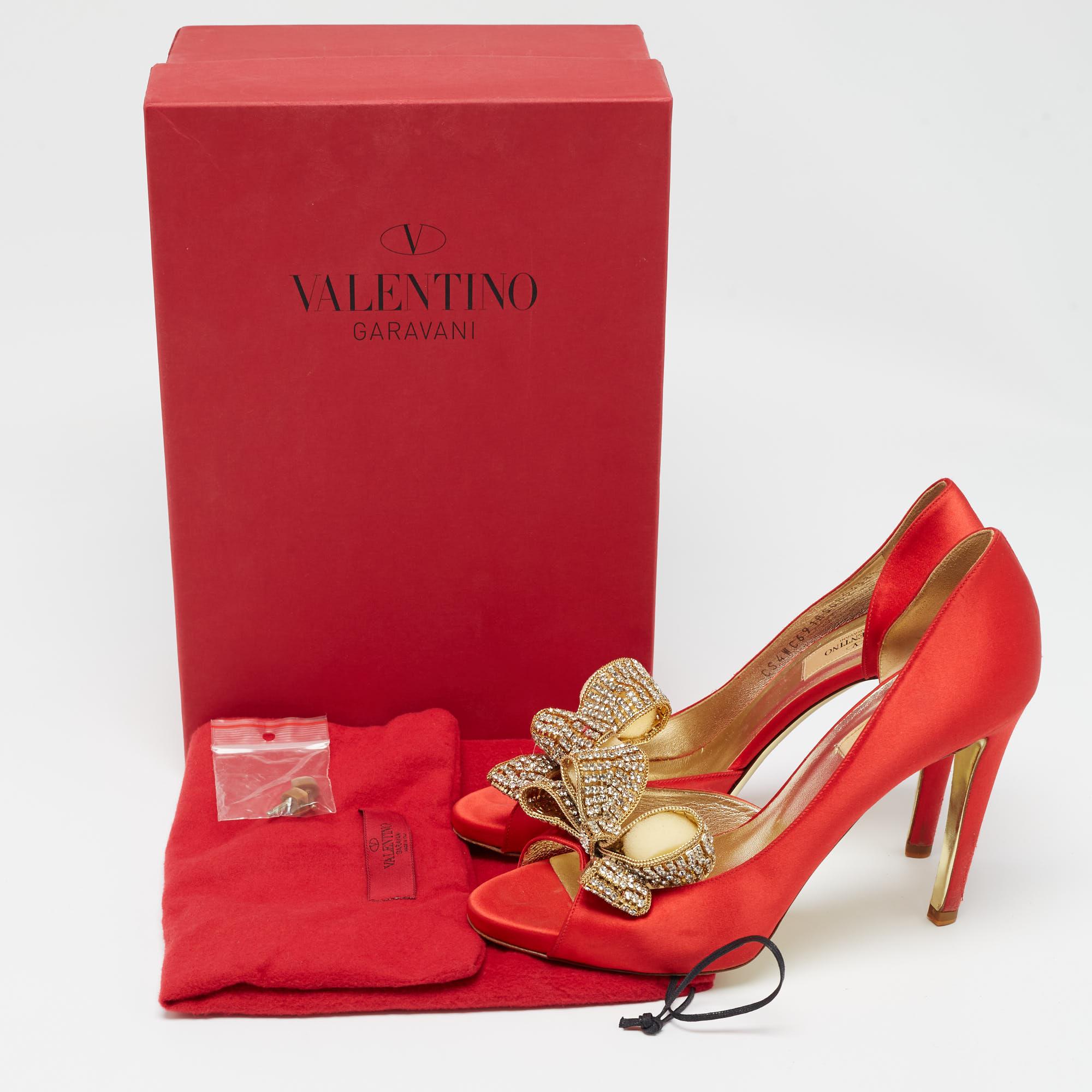 Valentino Red Satin Crystal Embellished Bow D'orsay Pumps Size 38.5 5