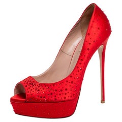 Valentino Red Satin Crystal Embellished Peep Toe Platform Pumps Size 41