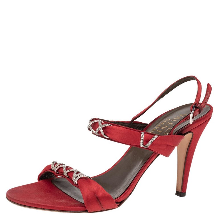 Valentino Red Satin Crystal Embellished Slingback Sandals Size 38 For Sale At 1stdibs