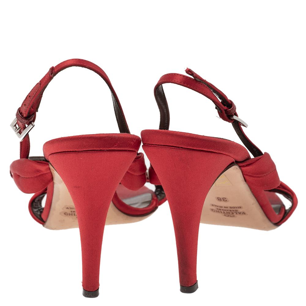 Women's Valentino Red Satin Crystal Embellished Slingback Sandals Size 38