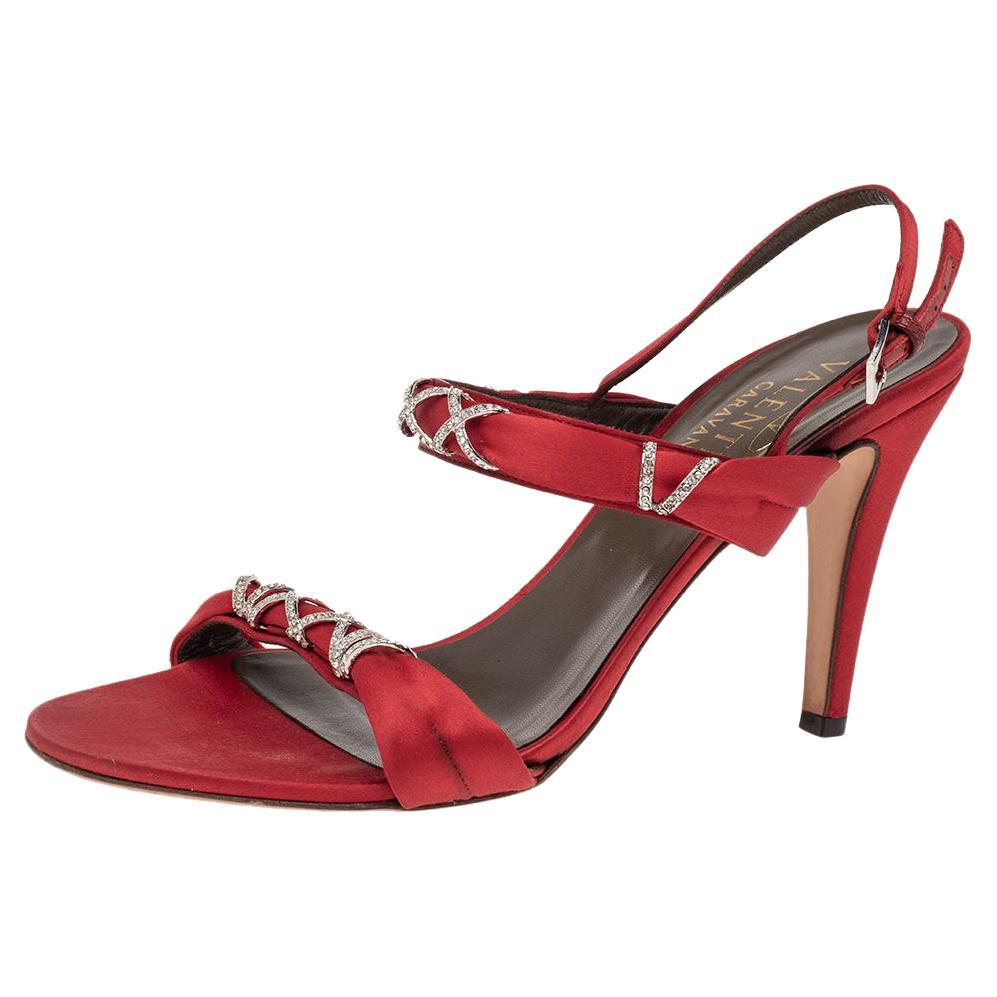 Valentino Red Satin Crystal Embellished Slingback Sandals Size 38