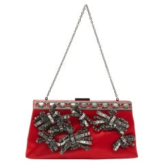 Valentino Red Satin Frame Embellished Chain Clutch