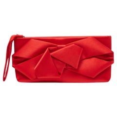 Valentino Red Satin Pleated Bow Clutch