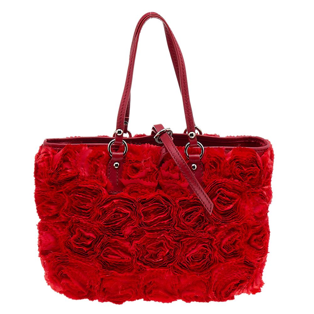 Valentino Red Silk And Leather Organza Rosier Tote 3