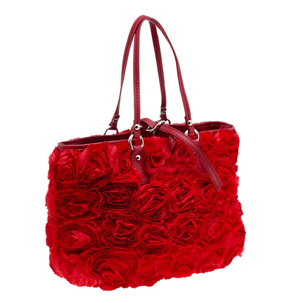 Valentino Red Silk And Leather Organza Rosier Tote 4