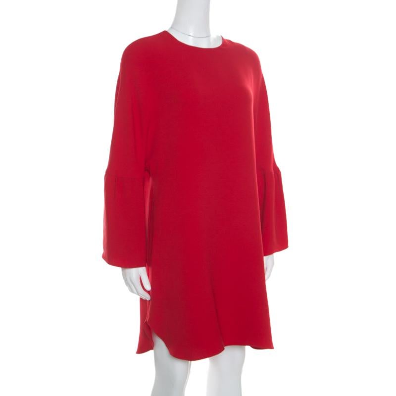 Valentino Red Silk Crepe Cloche Sleeve Cocktail Shift Dress S In New Condition In Dubai, Al Qouz 2