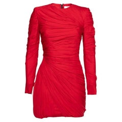 Valentino Red Silk Gathered Long Sleeve Short Dress M