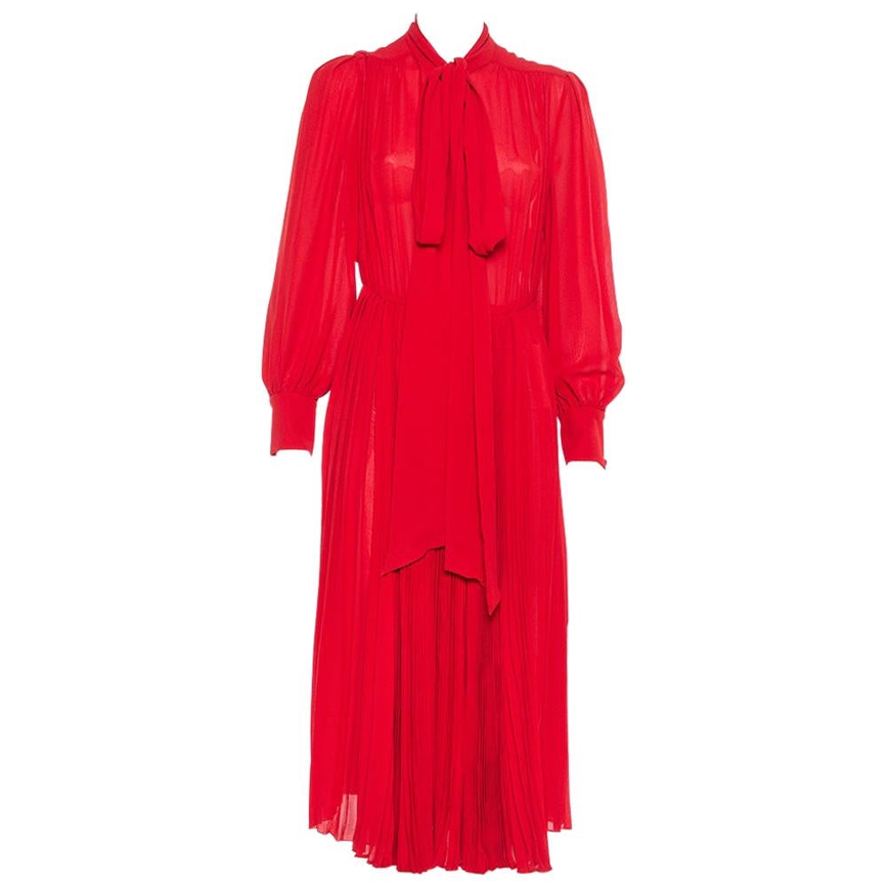 Valentino Rot Seide Hals Krawatte Detail plissiert Midi Kleid S