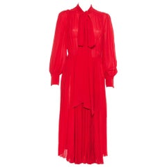 Valentino Red Silk Neck Tie Detail Pleated Midi Dress S
