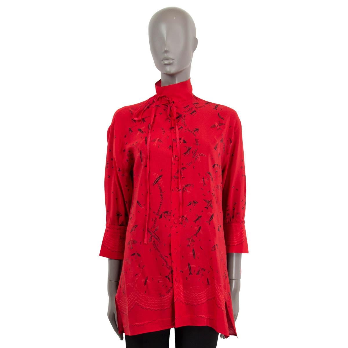 Red VALENTINO red silk PRINTED PUSSY BOW TUNIC Blouse Shirt 4 XS For Sale