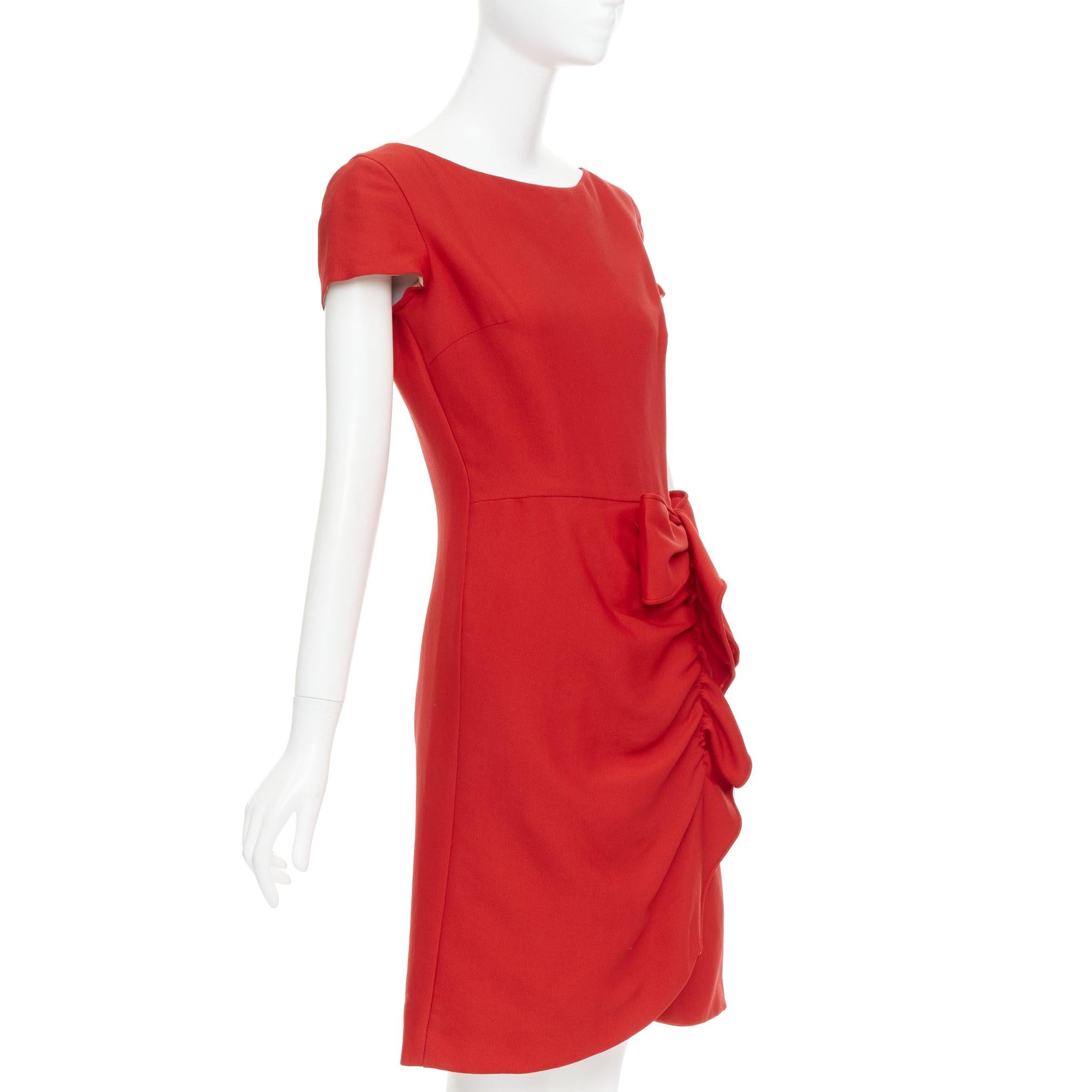 Red VALENTINO red silk ribbon bow ruffle drape cap sleeves dress US6 M For Sale