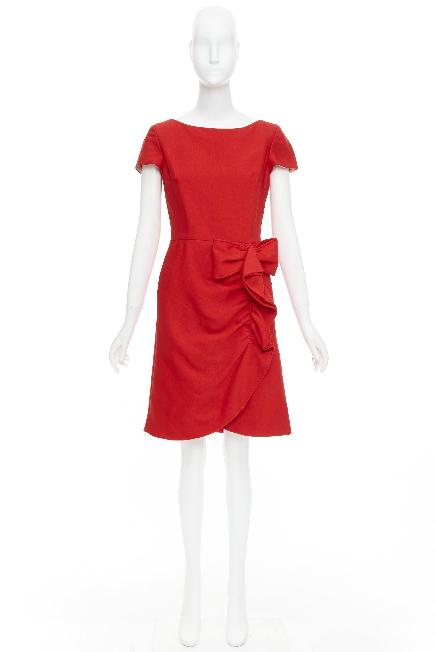 VALENTINO red silk ribbon bow ruffle drape cap sleeves dress US6 M For Sale 5