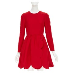 VALENTINO red silk wool crepe scalloped skirt detail flared dress IT40 S