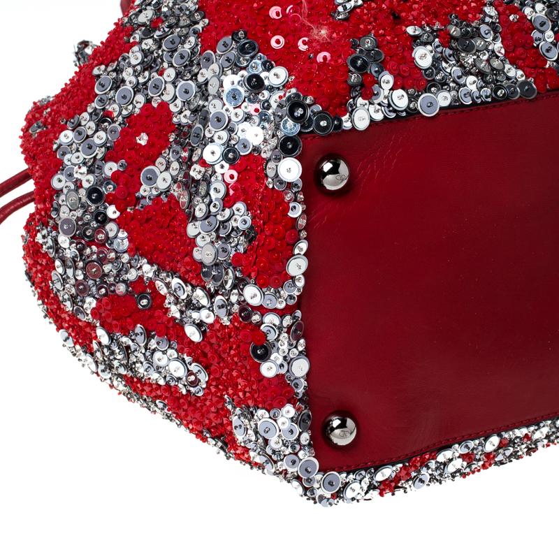 Valentino Red/Silver Sequins Embellished Fabric and Leather Tote 6