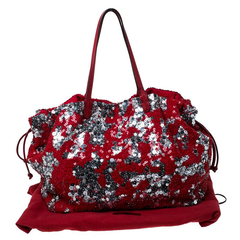 Valentino Red/Silver Sequins Embellished Fabric and Leather Tote 7