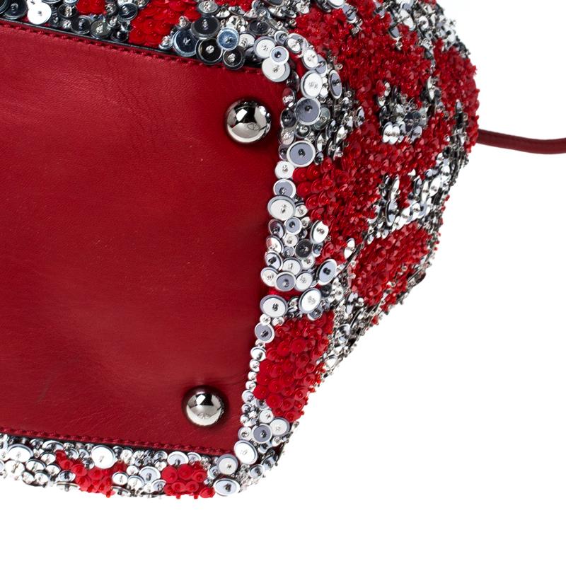 Valentino Red/Silver Sequins Embellished Fabric and Leather Tote 1