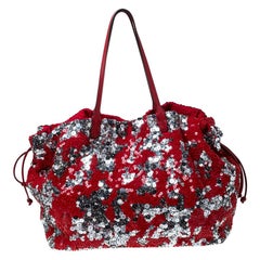 Valentino Red/Silver Sequins Embellished Fabric and Leather Tote