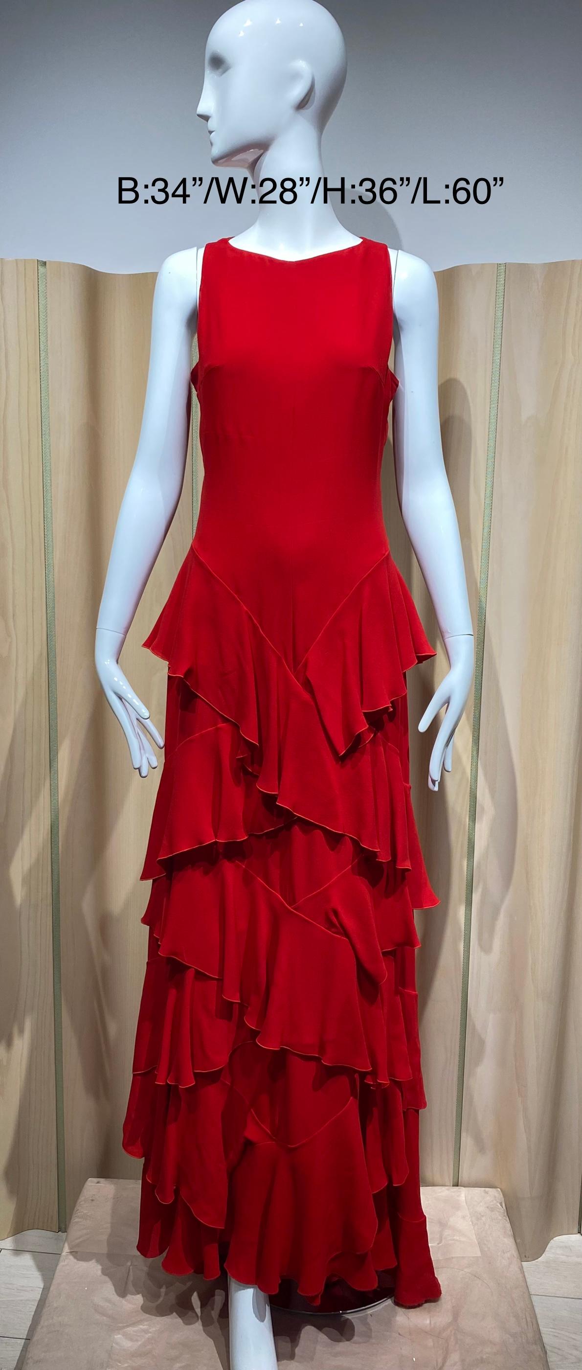 Valentino Red Sleeves gown with multi tier ruffle. Perfect for Holiday Cocktail Party.
Size 6
Measurement: Bust 34” / Waist 28” / Hip 36”/ Dress length : 60”