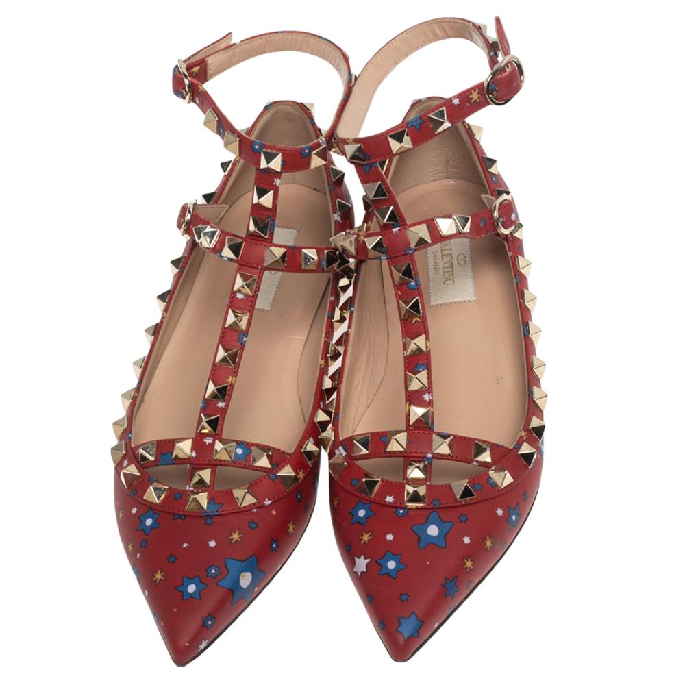 Women's Valentino Red Star Print Leather Rockstud Ankle-Strap Ballet Flats Size 36.5