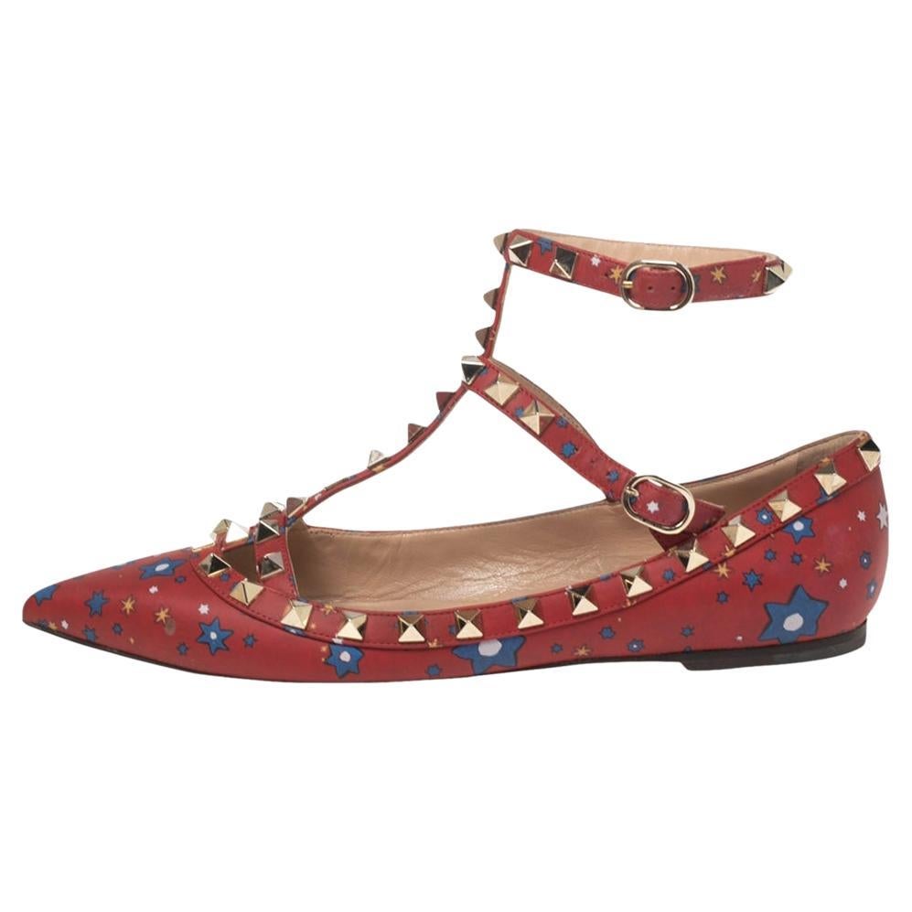 Valentino Red Star Print Leather Rockstud Ankle-Strap Ballet Flats Size 36.5