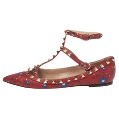 Valentino Red Star Print Leather Rockstud Ankle-Strap Ballet Flats Size 36.5