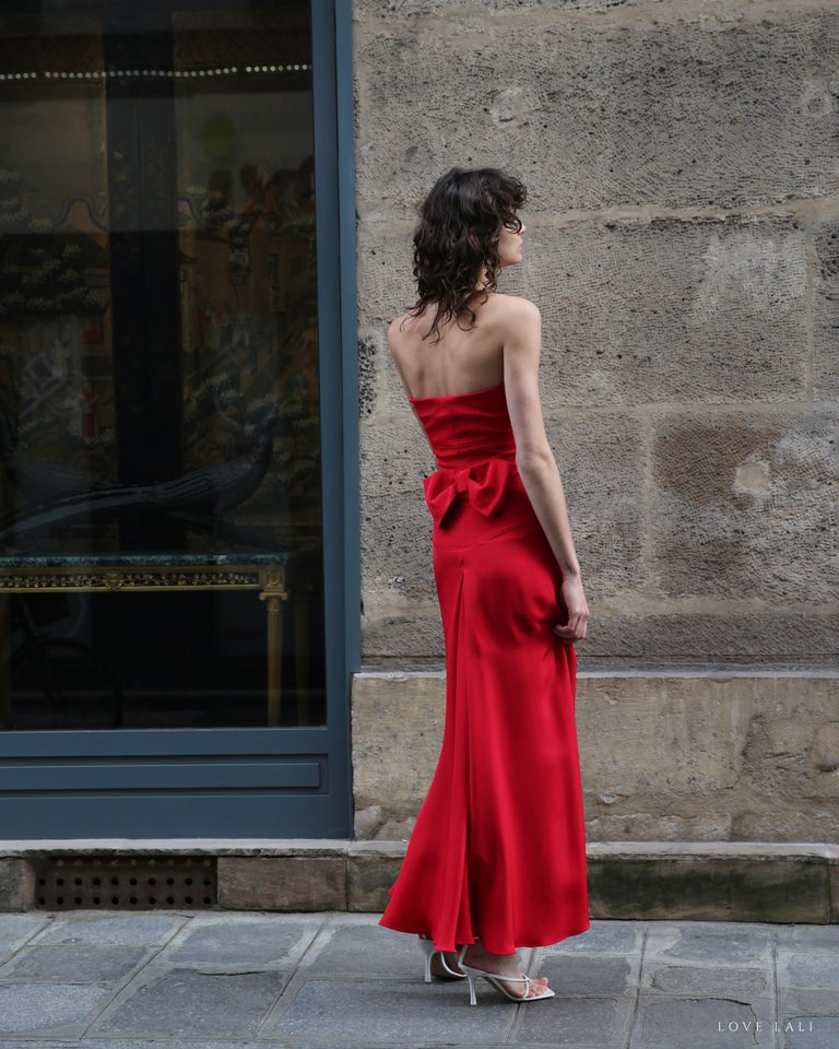 Valentino Red strapless bustier bow back silk long dress gown XS-S