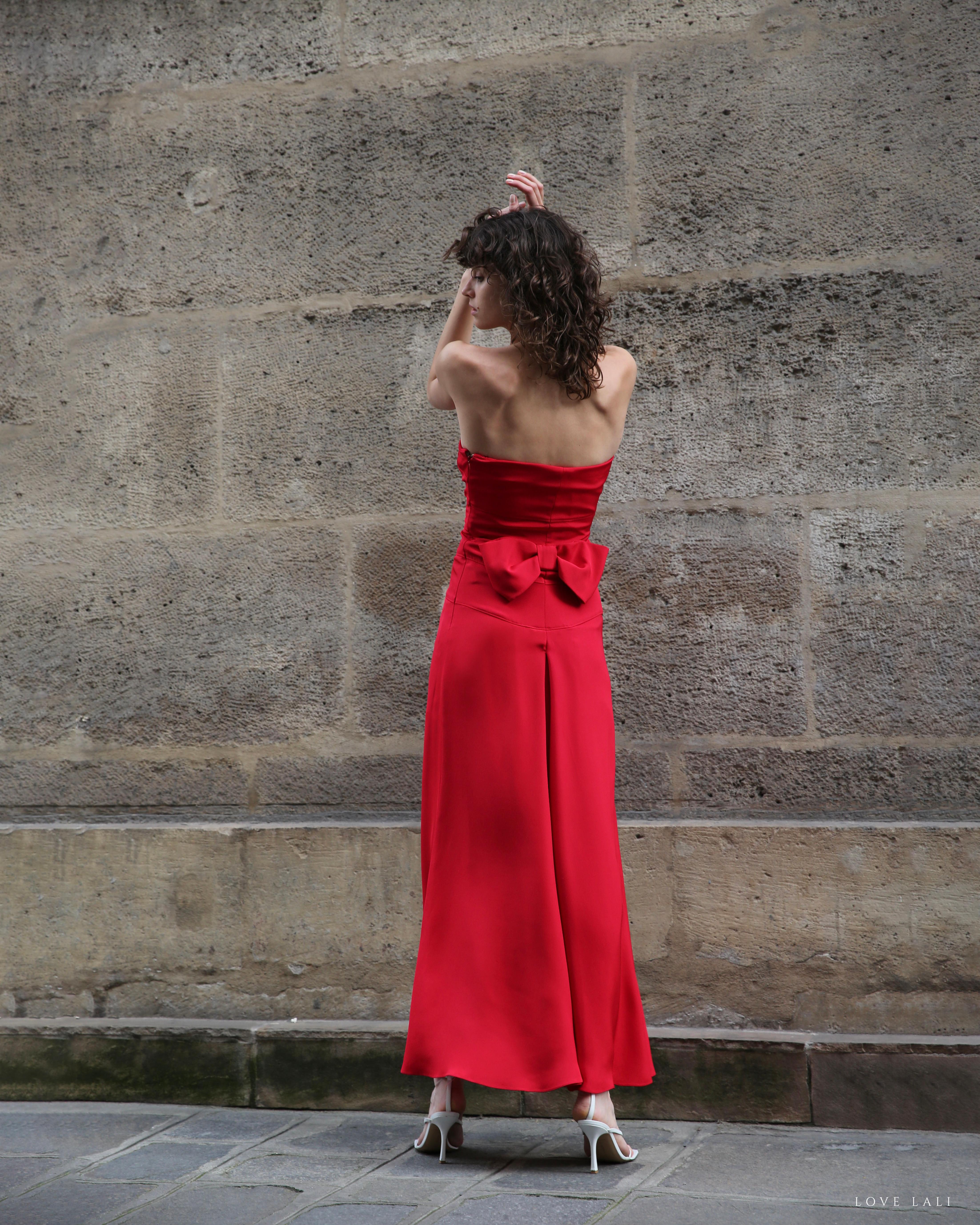 Valentino Red strapless bustier bow back silk long dress gown XS-S For Sale 7