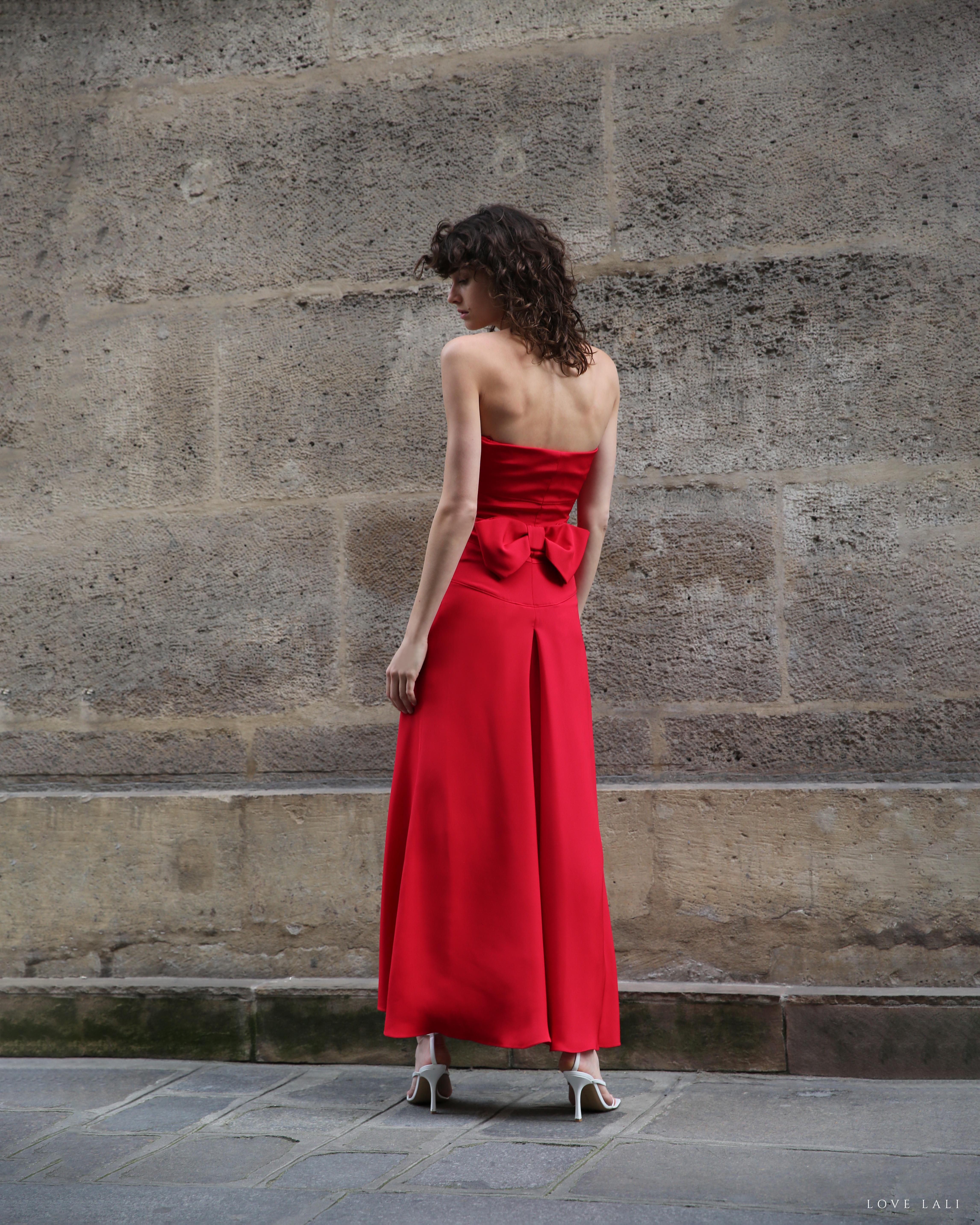 Valentino Red strapless bustier bow back silk long dress gown XS-S For Sale 8