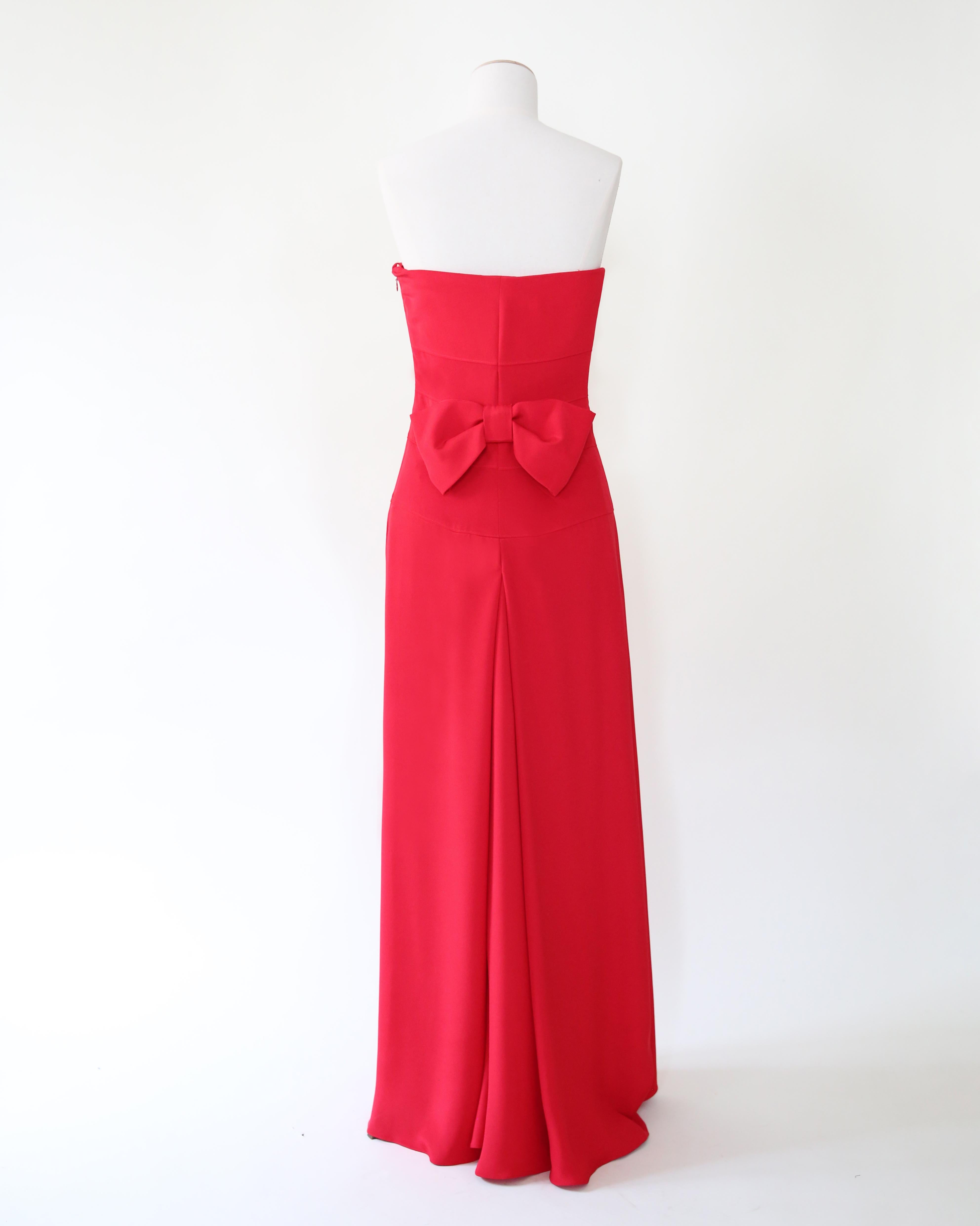 Valentino Red strapless bustier bow back silk long dress gown XS-S For Sale 12