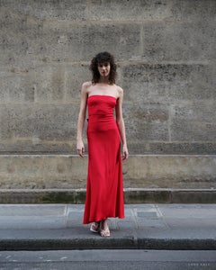 Valentino Red strapless bustier bow back silk long dress gown XS-S