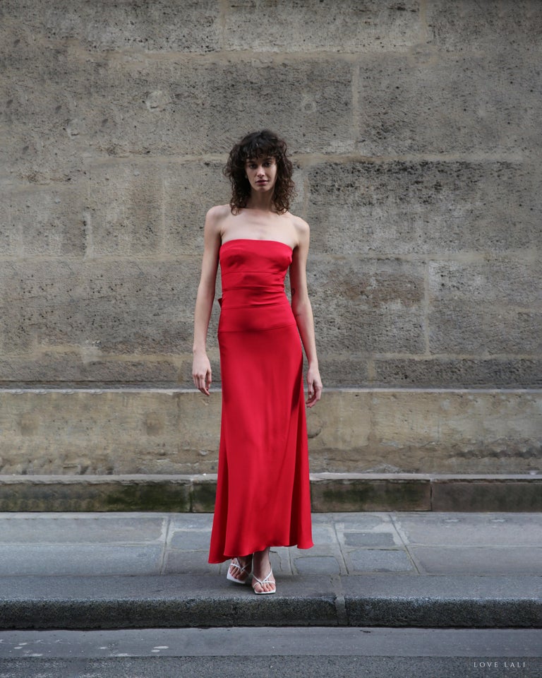 Valentino Red strapless bustier bow back silk long dress gown XS-S
