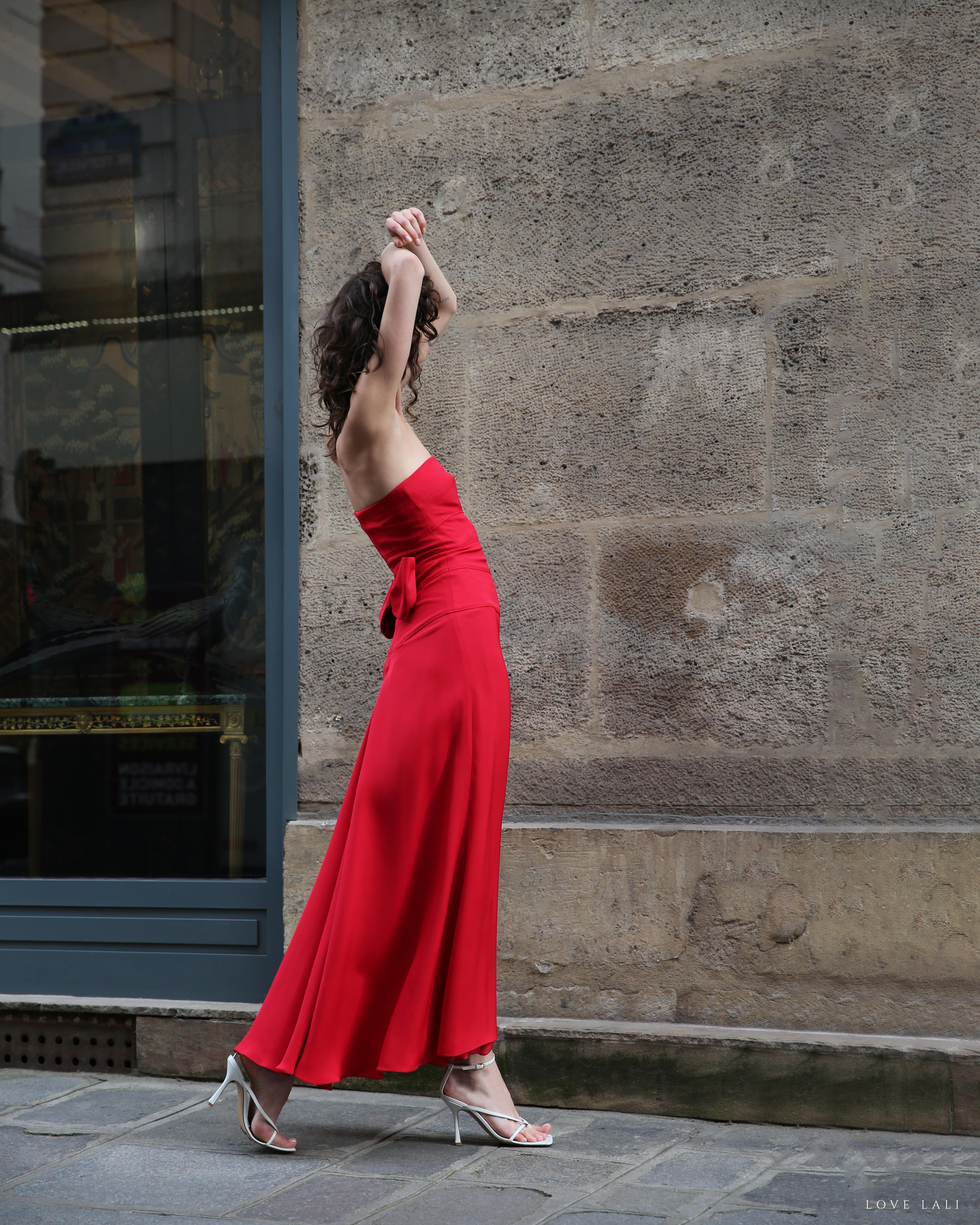 Valentino Red strapless bustier bow back silk long dress gown XS-S For Sale 5