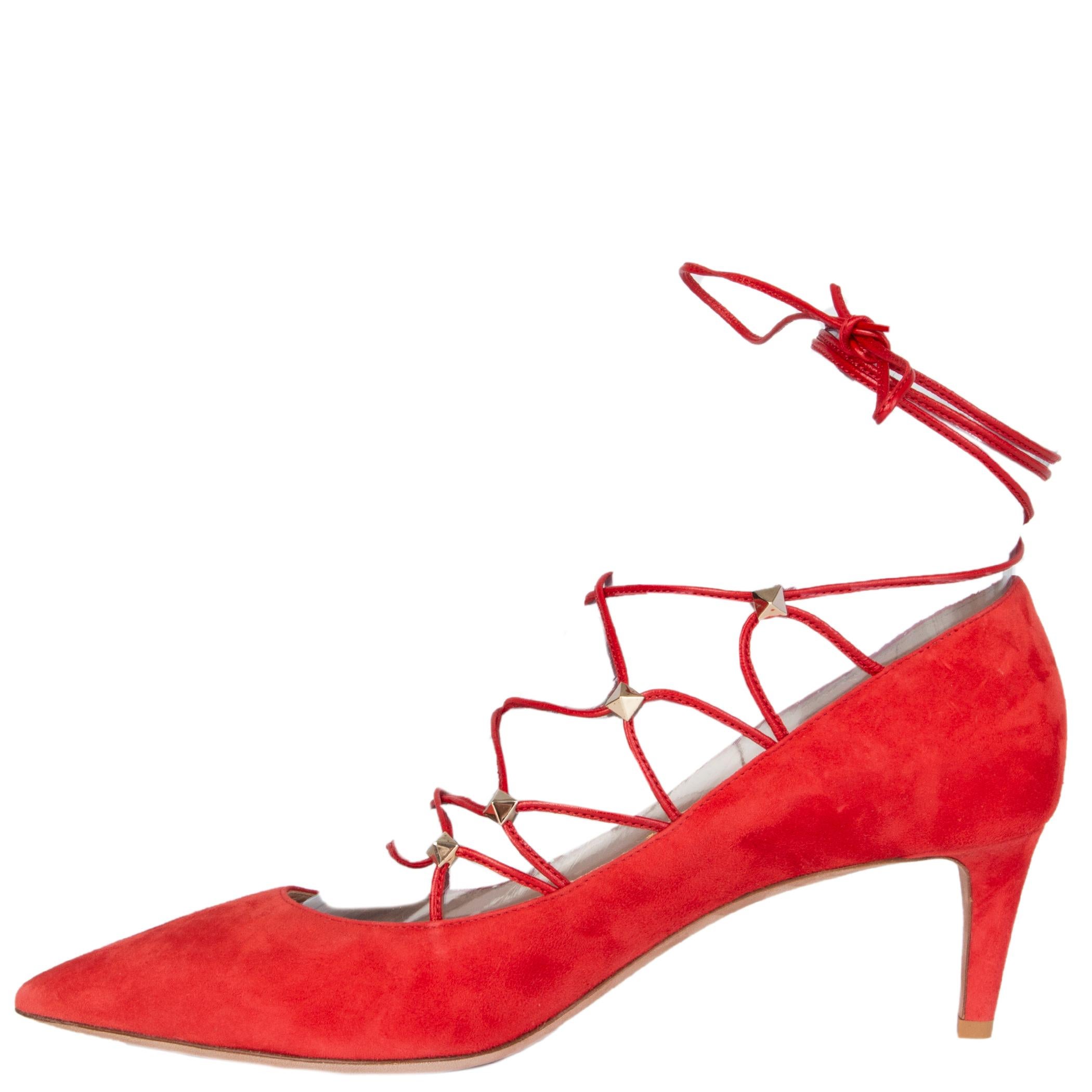 Red VALENTINO red suede ROCKSTUD Lace-Up Pumps Shoes 39.5 For Sale