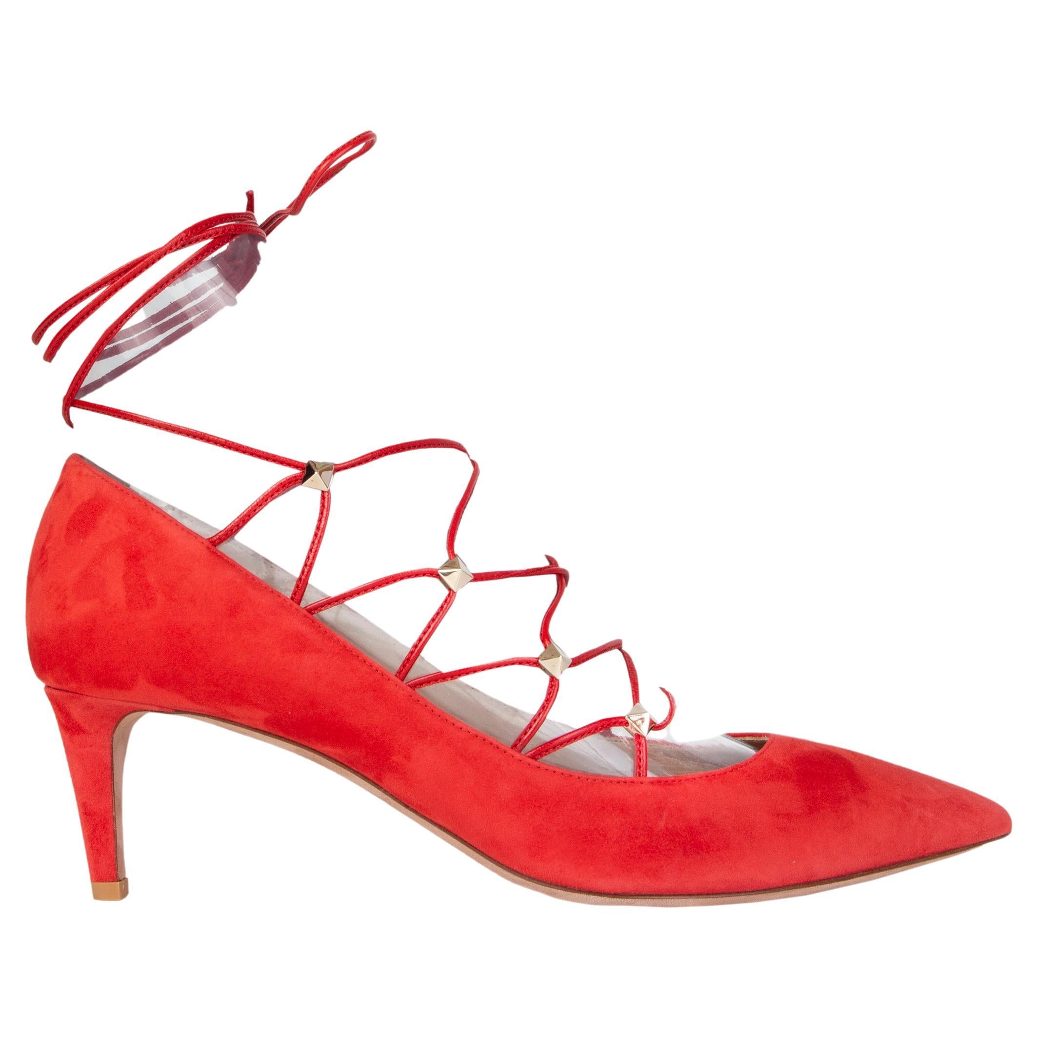 VALENTINO red suede ROCKSTUD Lace-Up Pumps Shoes 39.5 For Sale