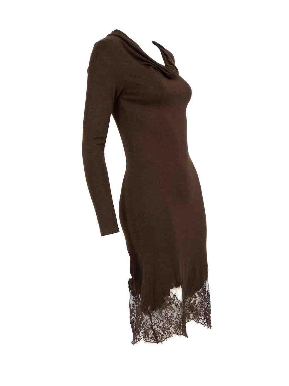 CONDITION is Very good. Hardly any visible wear to dress is evident on this used Red Valentino designer resale item.
 
 
 
 Details
 
 
 Brown
 
 Viscose
 
 Knit dress
 
 Cowl neck
 
 Stretchy
 
 Long sleeves
 
 Midi
 
 Lace skirt trim
 
 
 
 
 

