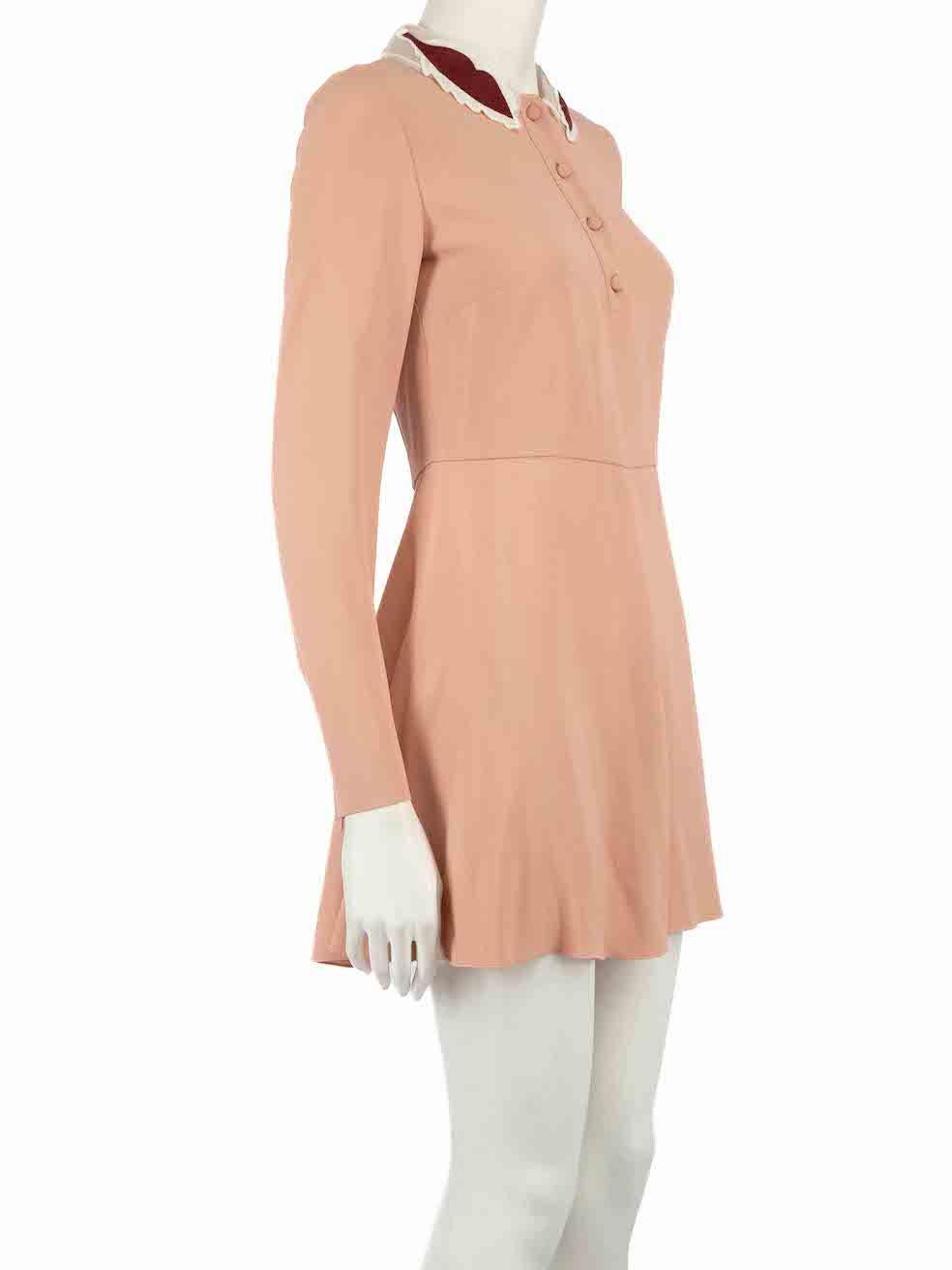 CONDITION is Very good. Minimal wear to dress is evident. Minimal wear to the rear with marks to the left on this used Red Valentino designer resale item.
 
 
 
 Details
 
 
 Pink
 
 Synthetic
 
 Dress
 
 Leaf collar detail
 
 Long sleeves
 
 Button