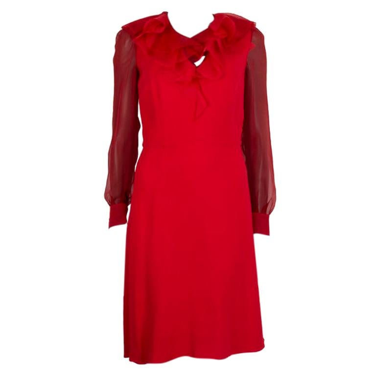 VALENTINO red viscose RUFFLE NECK SHEER SLEEVE Dress 8 For Sale