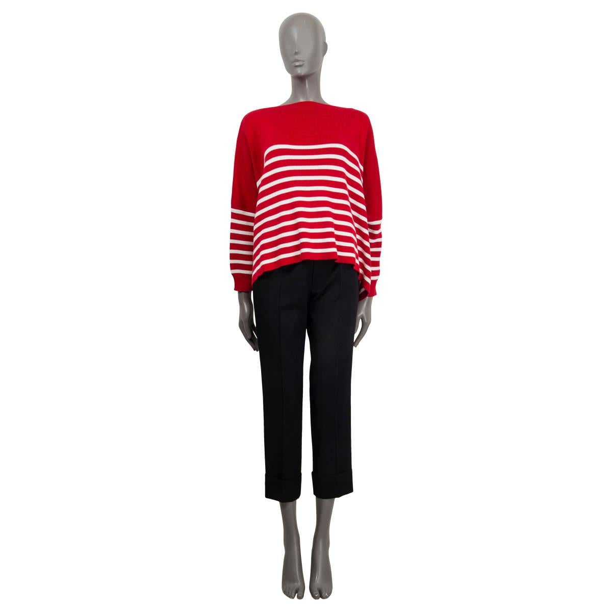 100% authentic Valentino 2021 oversized striped sweater in red and white cotton (100%). Features a 'Valentino' Logo font on the back, 3/4 sleeves, a boat neck and has overall a slightly cropped cut. Has been worn and is in excellent